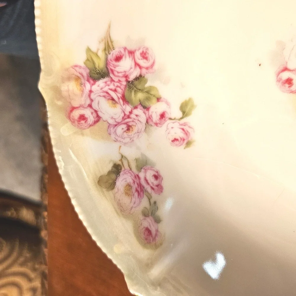 Antique Bavaria Porcelain Pink Rose Serving Bowl Scalloped Beaded Rim 10 Inch